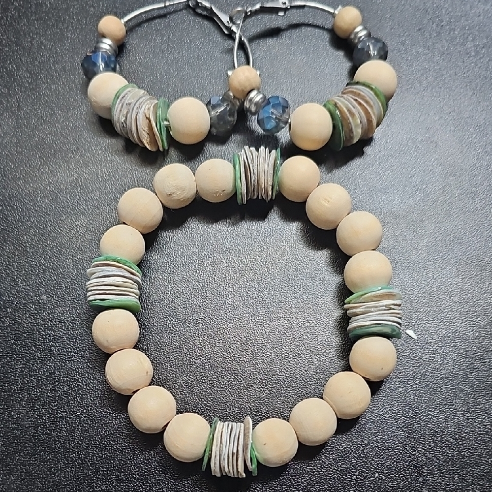 Natural Wood Bead Bracelet with Green Accent Discs - Women Jewelry
